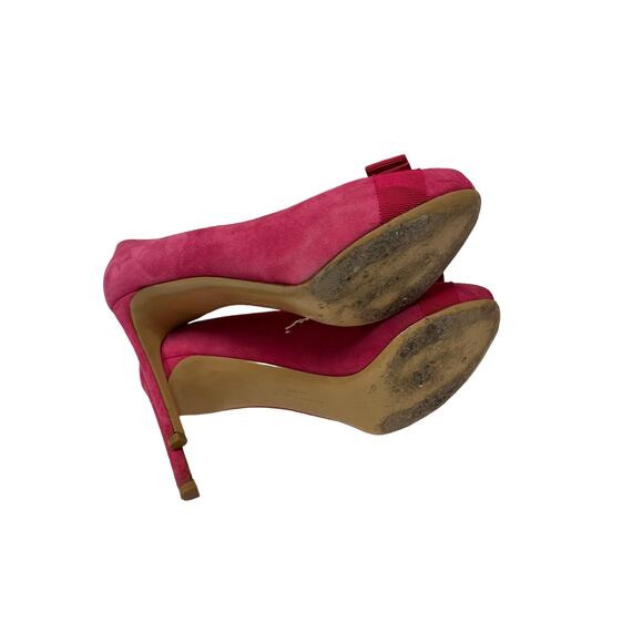 SALVATORE FERRAGAMO Pink Suede Bow Accent Peep Toe Heels Pumps 8 - Picture 10 of 10